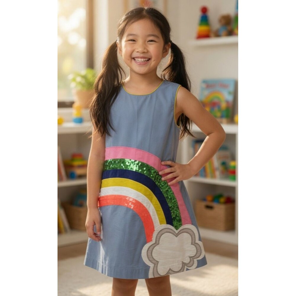 Mini Boden Dress Girl's 7 - 8 Sequin Rainbow Colorful Dopamine Shift Sustainable